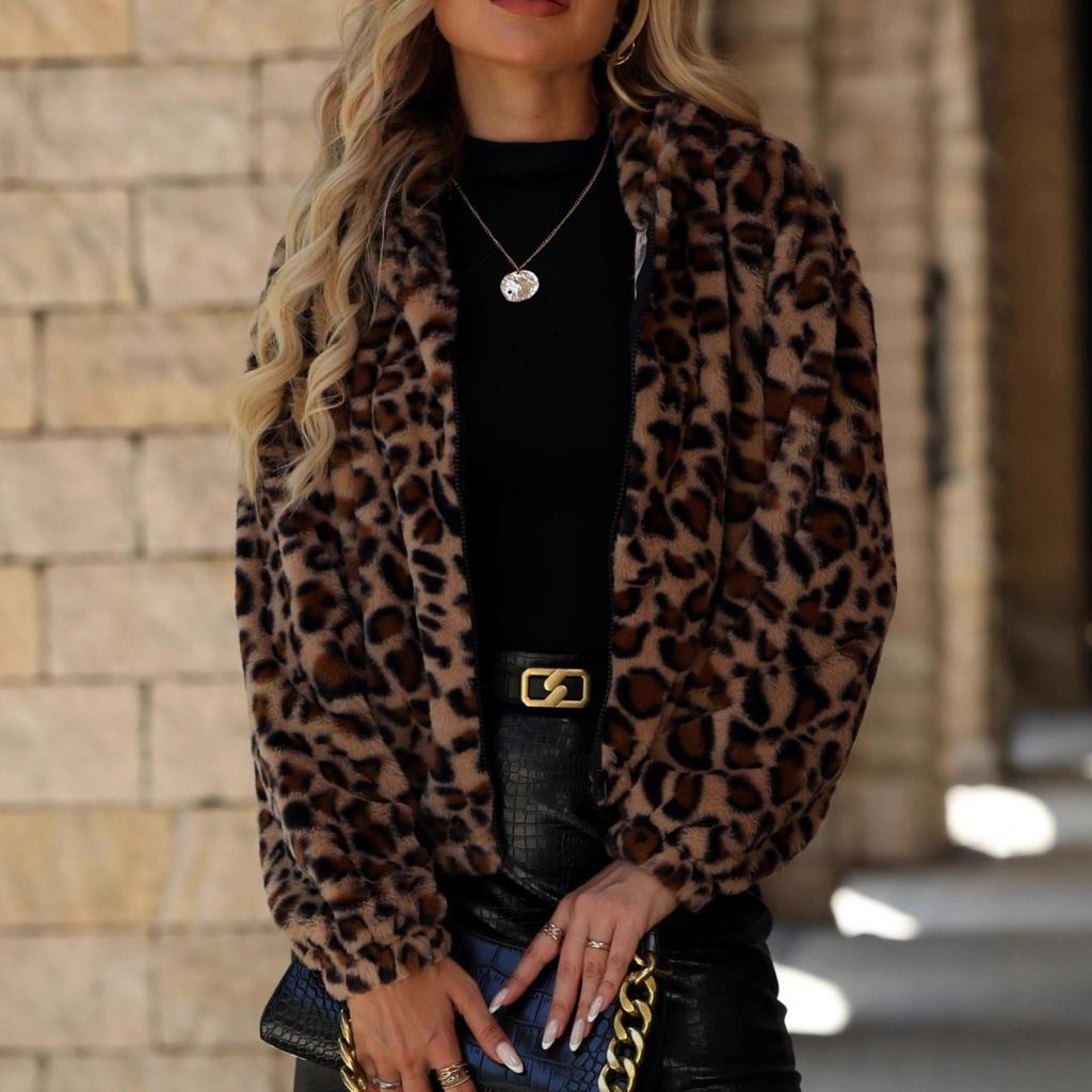 Autumn Winter Women's Leopard Print Fleece Jacket, Loose Long Sleeve Zipper Fluffy Outerwear for Women, EU/US Size