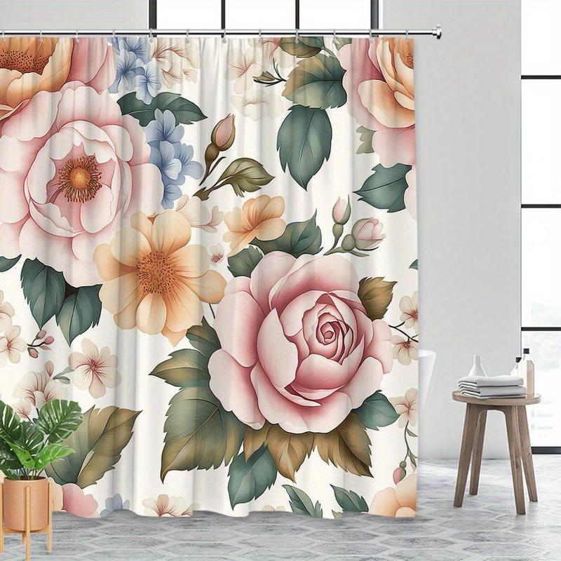 1 Piece Rose Floral Pattern Shower Curtain, Polyester Fabric, Machine Washable, Suitable For Bathroom Decoration