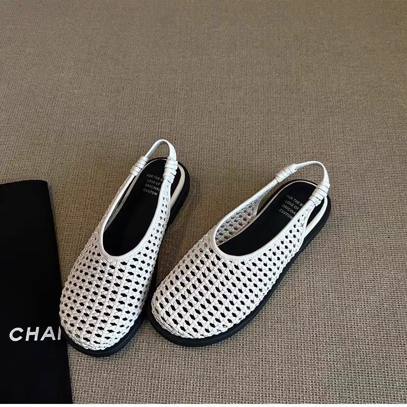 Spot Version~ Summer New French Round Head Hollow Woven Sandals with Breathable and Comfortable Shallow Mouth Single Shoes Women