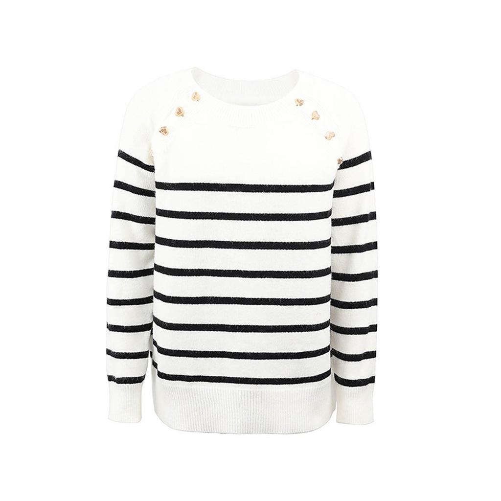 Women's Stripe Knitted Sweater Round Neck Shoulder Button Pullover Sweater