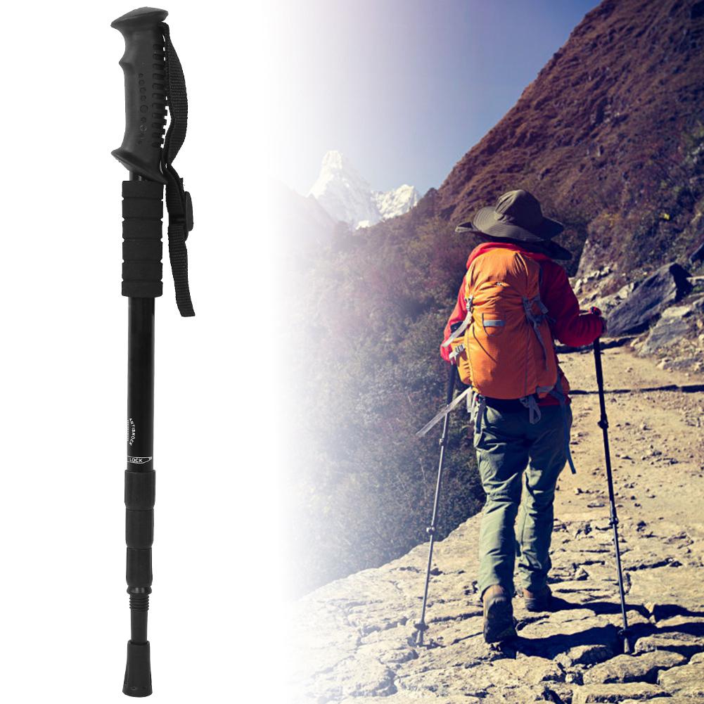 Outdoor Travel Four Section Straight Handled Trekking Pole Hiking Mountaineering Walking Stick(Black )