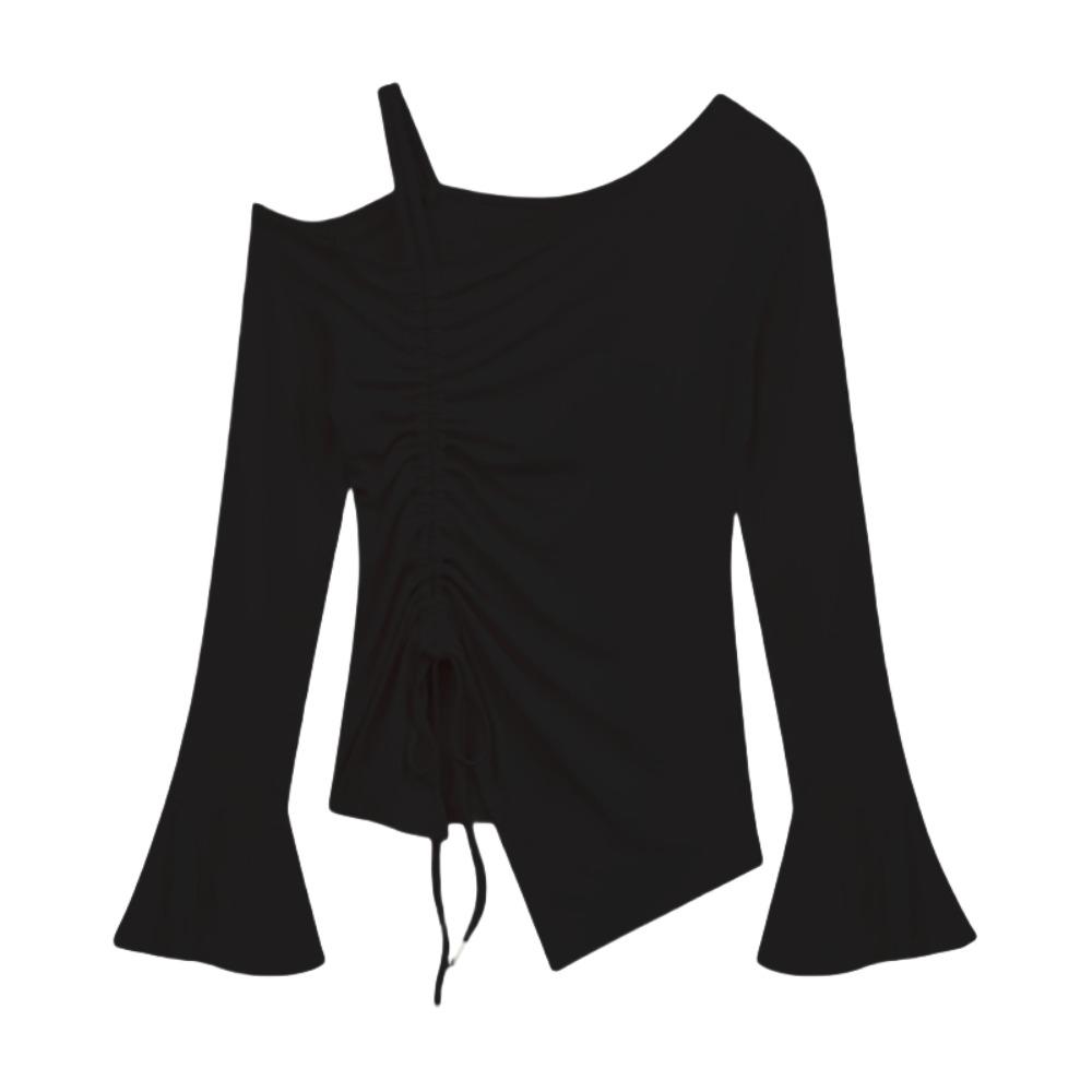 

Drawstring Irregular T Shirt Slim Slanted Shoulder Top Sweet Off Shoulder Top Summer M чёрный