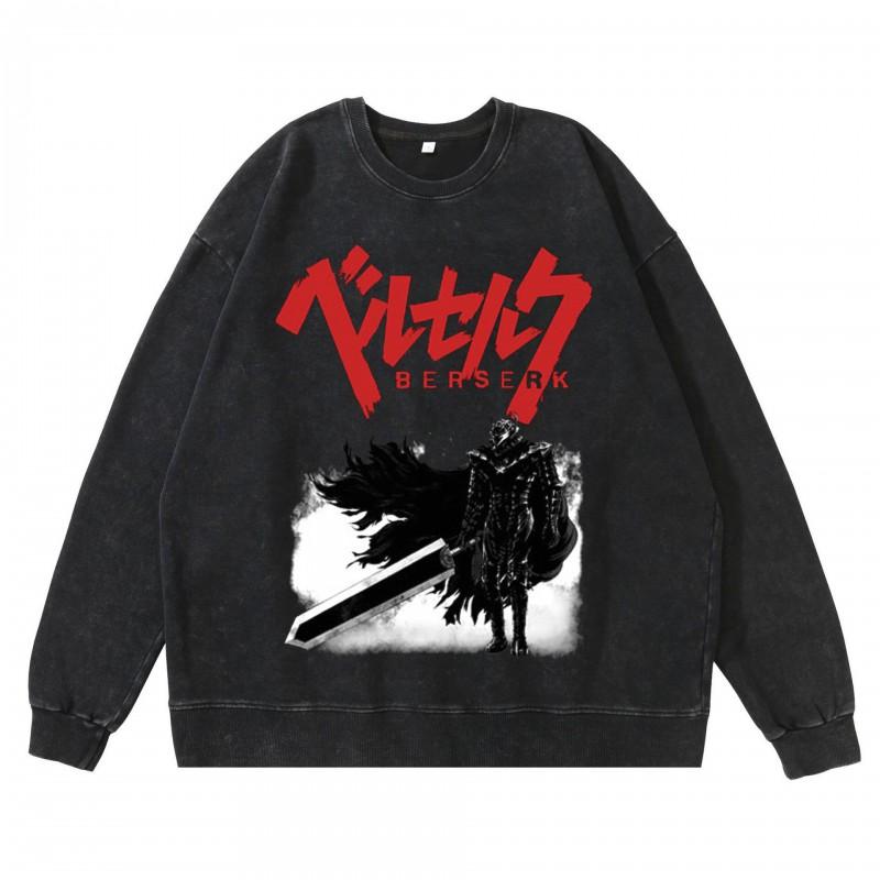 Schwergewicht 360g Gewaschener Vintage Berserk Anime Streetwear Baumwolle Pullover Hoodie Herren