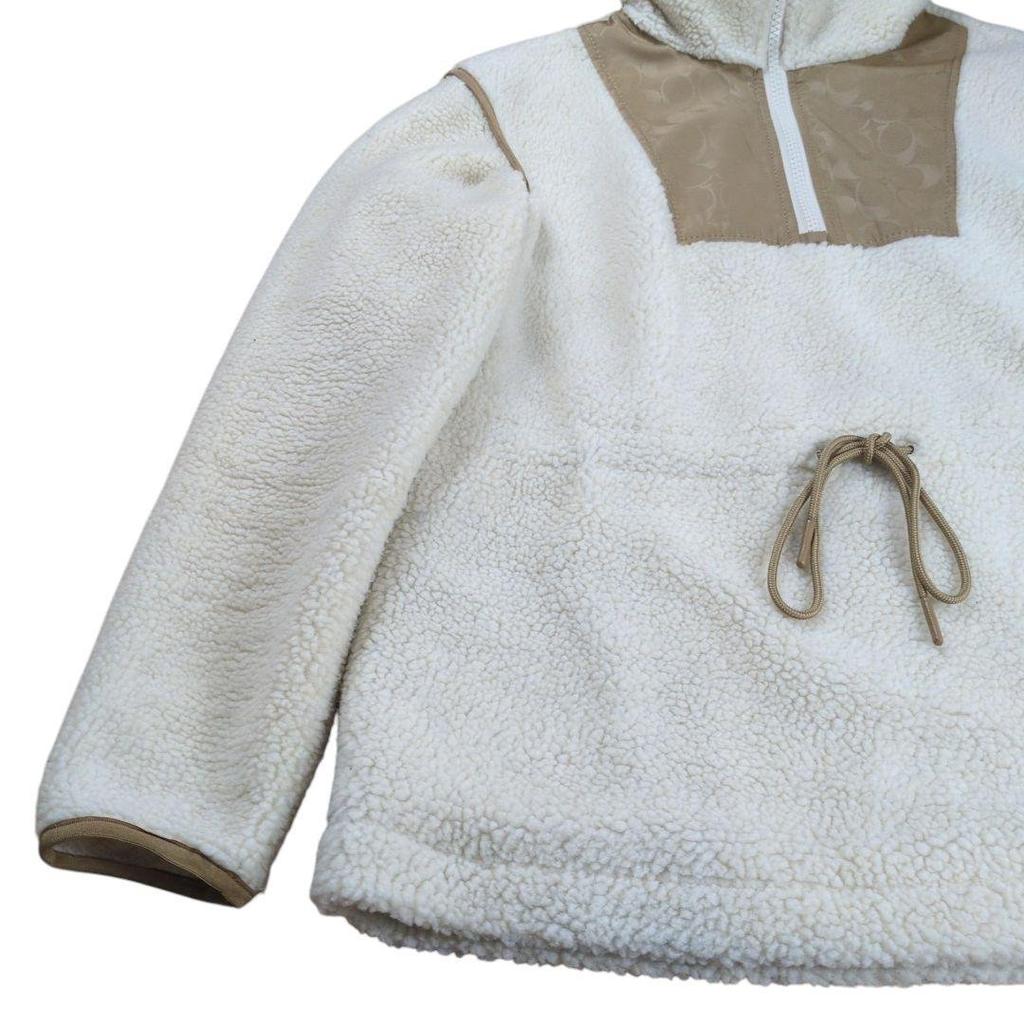 Coach Signature Pattern High Neck Fleece Boa Jacket Ivory Size S Mens