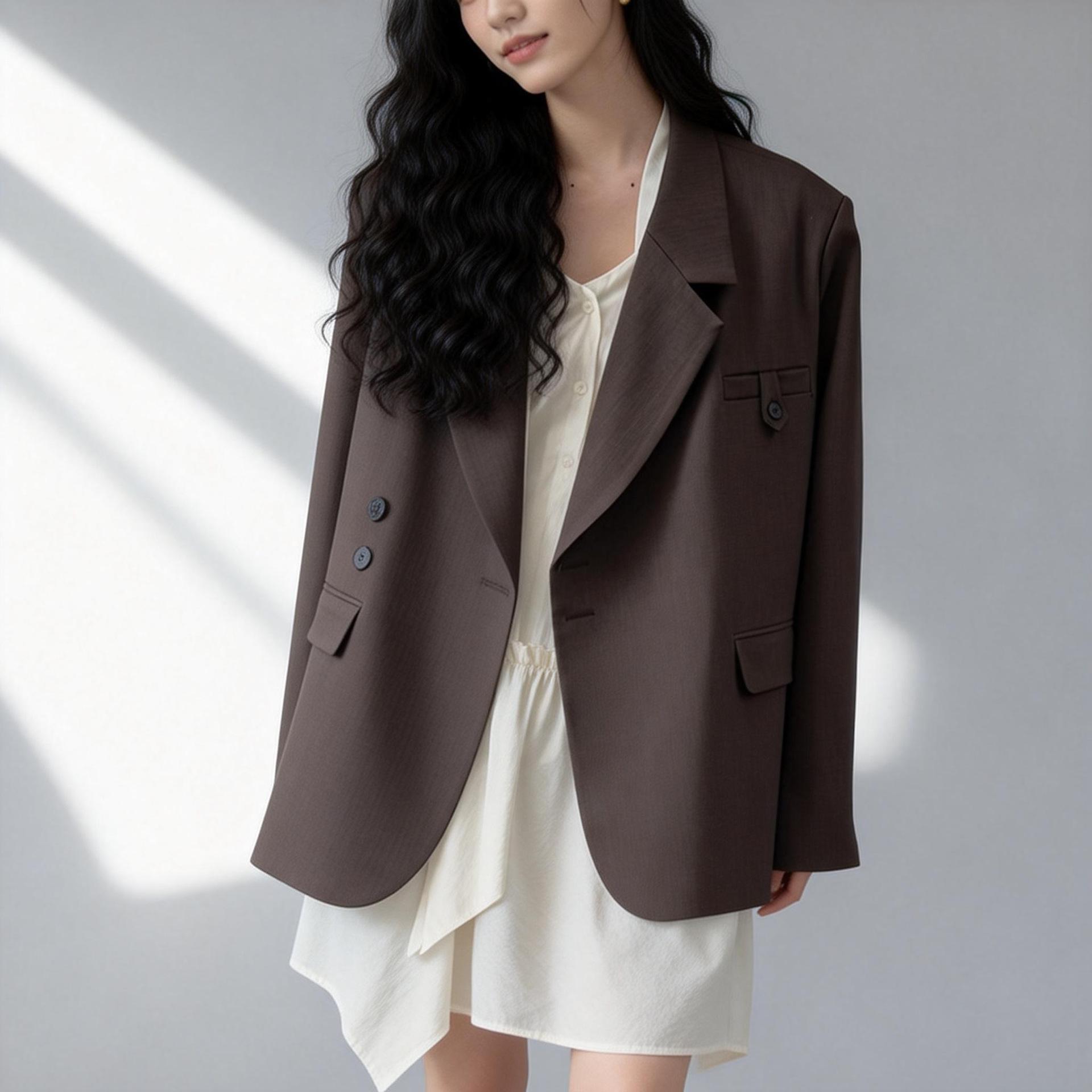 

Женский повседневный весенне-осенний свободный костюм-пиджак в корейском стиле S up to 52.5kg кофейный