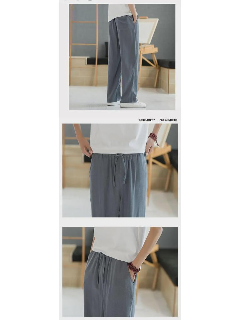 Pantaloni Drepți Largi de Vară pentru Bărbați din In - Stil Casual la Modă Chinezesc, Bumbac Subțire pentru Sport și Timp Liber.