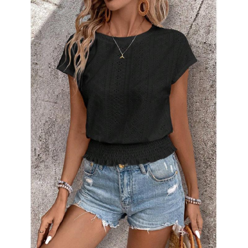 2026 Spring/Summer Jacquard Solid Color Round Neck Ruched Hollow Batwing Short Sleeve Women's T-Shirt for Commuting