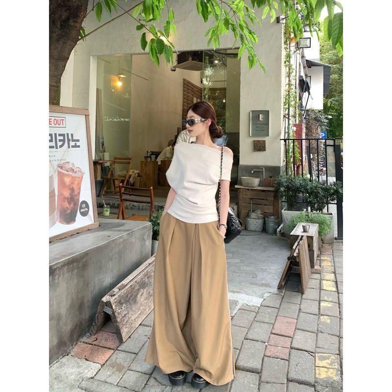 Kumikumi Fashion Set Women Basic White off-the-Shoulder Short sleeve T-shirt Summer Drape Casual Pants Two-piece Set