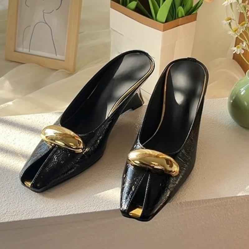 Retro Baotou Half Slippers Women Summer Square Toe Shallow Mouth Metal Buckle Versatile Sexy Wedge Sandals