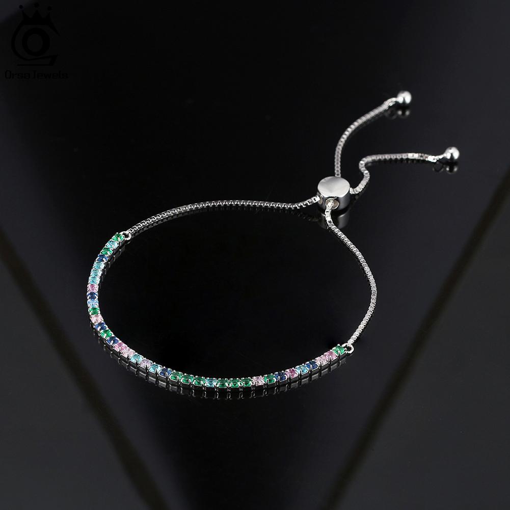 ORSA JEWELS Adjustable 925 Sterling Silver 2mm Multi-Color Tennis Bracelet for Women Zirconia Chain Bracelet Jewelry SB150