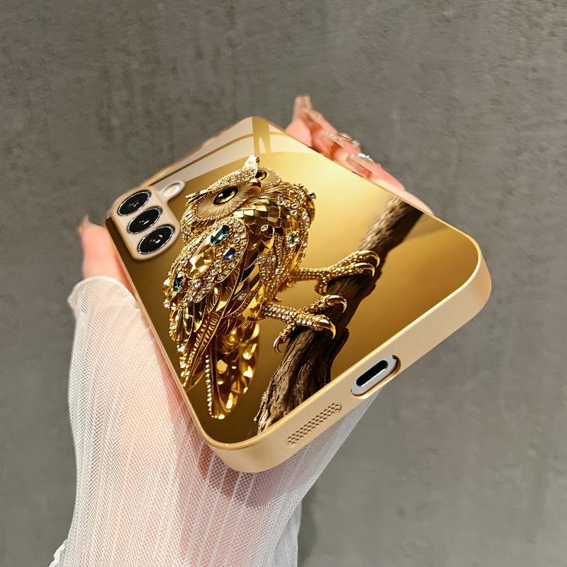 Gem Owl Pattern 2D Phone Case for Samsung S26 S25 S24 S23 S22 S21 S20 A56 A36 A16 - Golden Glass Protective Cover