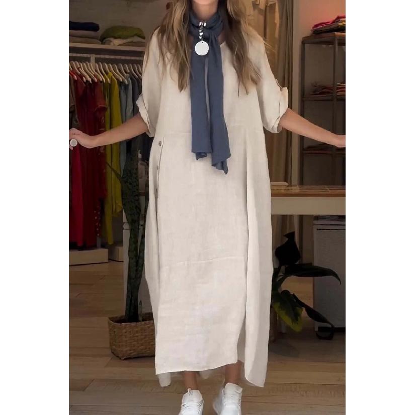 

Новое модное повседневное универсальное женское летнее свободное и повседневное однотонное длинное платье из хлопка и конопли 5XL