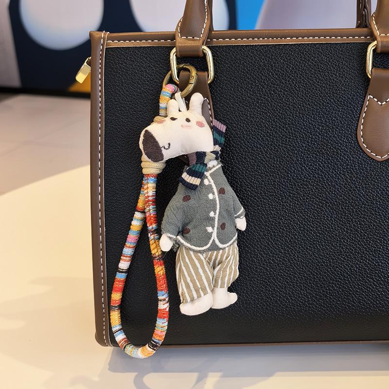 Cute Dressed Hippo Bag Charm, Handmade Fabric Hippo Keychain with Colorful Braided Rope