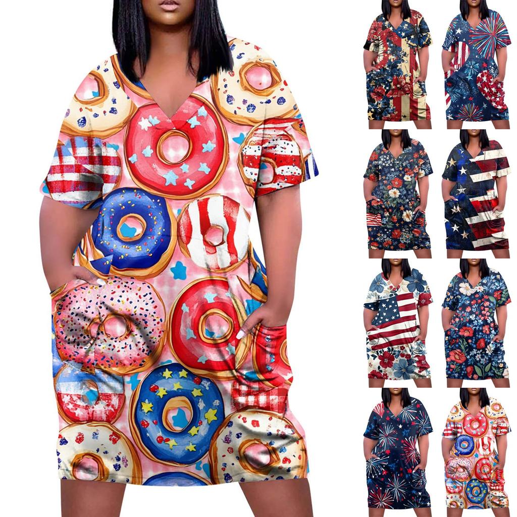 Summer Plus Size V Neck Short Sleeve Knee Pocket Gradient Print Casual Dress For Women