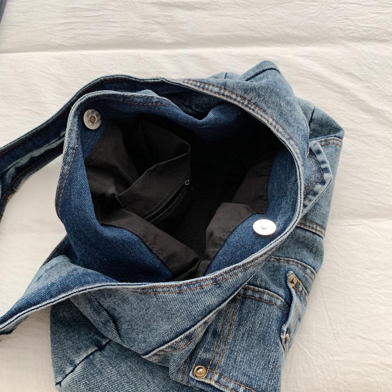 Washed Denim Slouchy Hobo Bag with Multiple Front Pockets Casual Large Capacity Shoulder Purse for Women Daily Travel