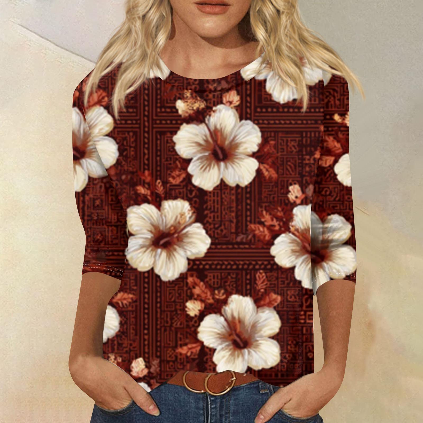 

Жіноча Модна Повсякденна Круглий Виріз Три чверті Рукав Ретро Принт Футболка Топ XXXL