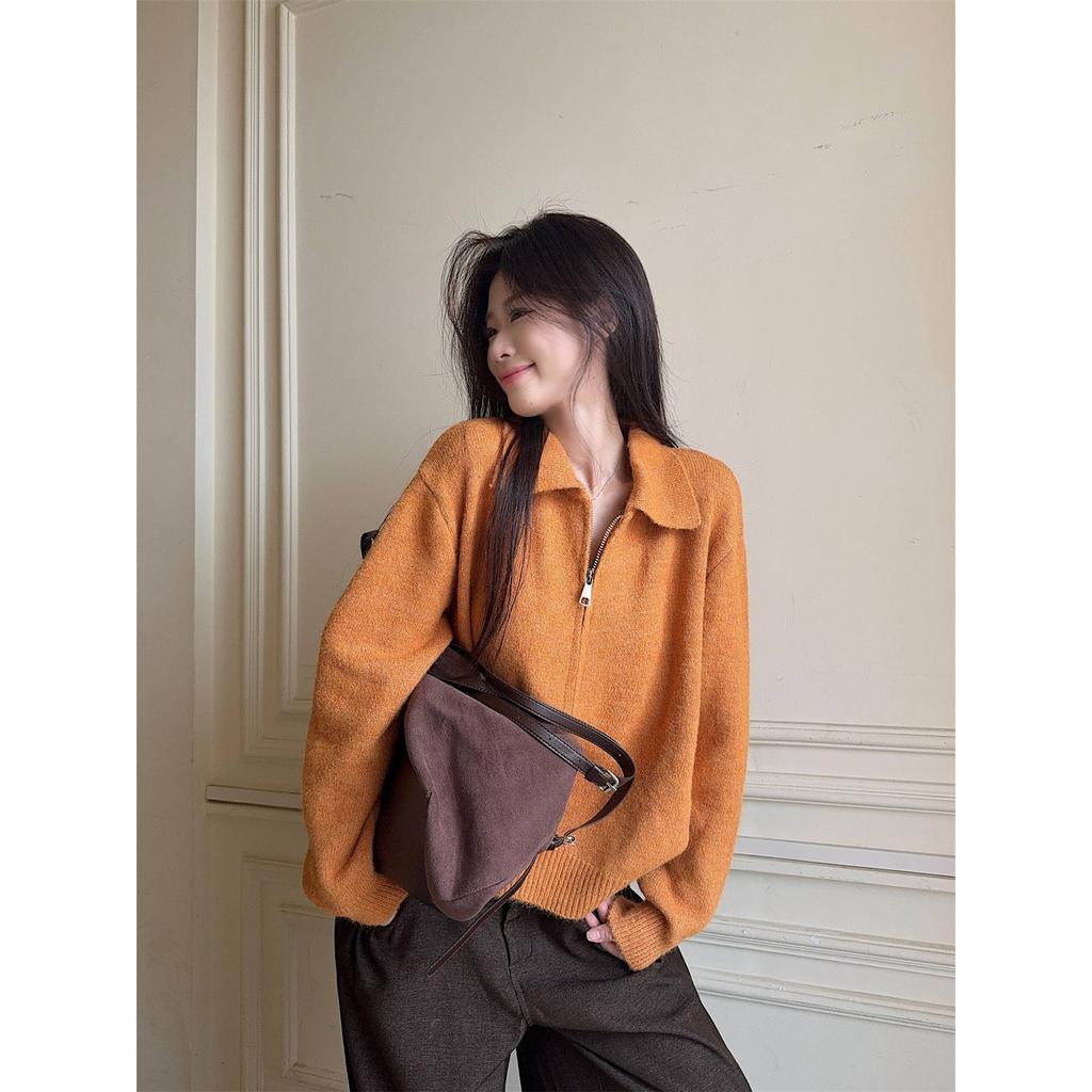 Commuter Versatile Relaxation Knitted Top Cardigan Women's Autumn and Winter Zipper Olo Collar Stacked Casual Sweater Jacket