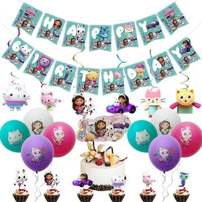 Gabby's Dollhouse Party-Set: Teller, Servietten, Becher, Tischdecke, Banner & Luftballons