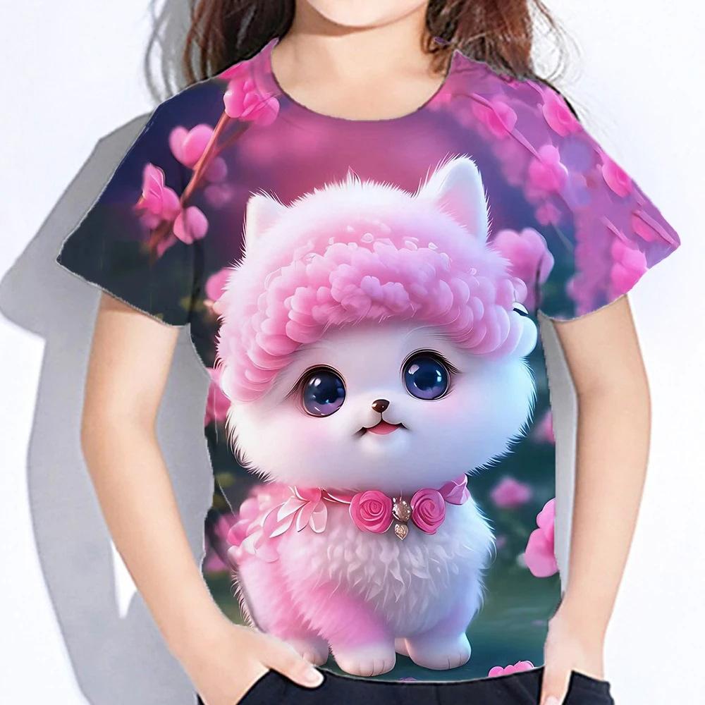 Summer Round Neck 3D Cute Cat Printed Top Fashionable Casual Short Sleeved Children's Girl T-shirts