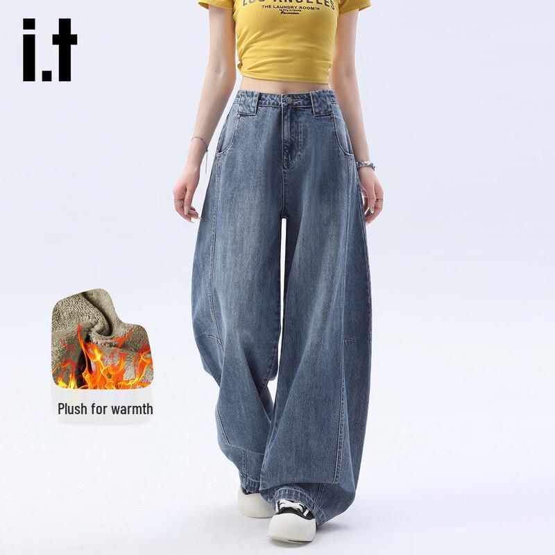Izzue Women s Warm Fleece-Lined High-Waist Wide-Leg Jeans S