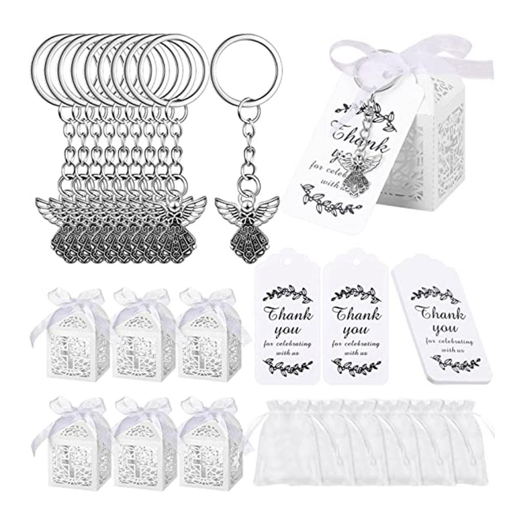 30Pcs/24Pcs Favor Boxes Angel Keychain with Keyring Chain Yarn Bags Thank You Pendant for Kids Shower Wedding Favor