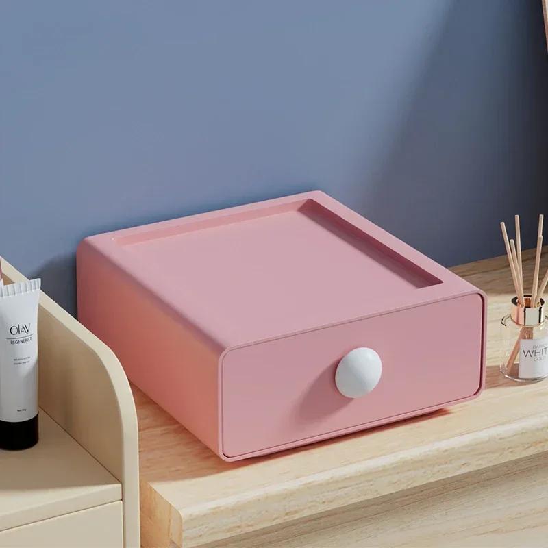 

Настольный органайзер Коробка Однотонный Ящик для хранения Штабелируемые Пластиковые Ящики для ящиков Контейнер для косметики Кейс Домашние вещи розовый