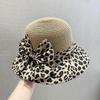 Bow Leopard Print Fisherman Hat for Women Traveling and Vacationing Woven Grass Breathable Sun Protection Basin Hat