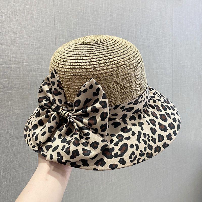Bow Leopard Print Fisherman Hat for Women Traveling and Vacationing Woven Grass Breathable Sun Protection Basin Hat