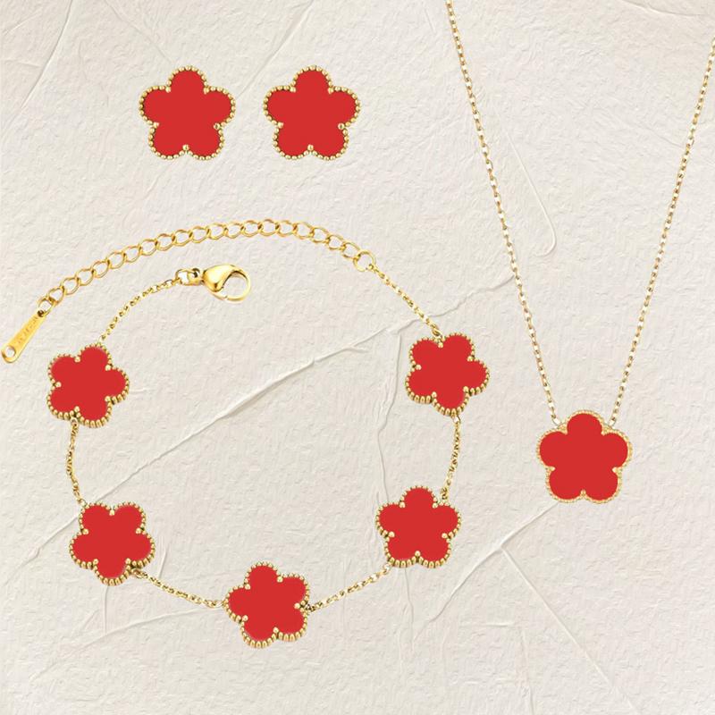 Luxury Zircon Set for Women copper Color Chain Stainless Steel Double Sided Five Leaf Flower Necklace Earrings Bracelet Clover