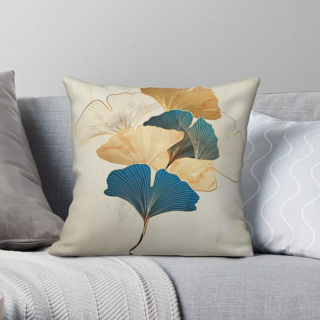 Gingko Leaves Blue Gold Square Pillowcase Polyester Linen Velvet Printed Zip Decor Bed Cushion Cover x