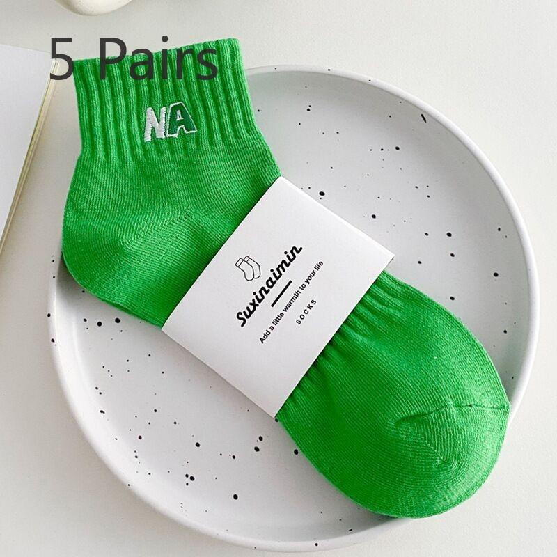 5 Paires de Chaussettes Courtes Printemps Été pour Femmes, Broderie, Couleur Unie, Lettre, Bateau