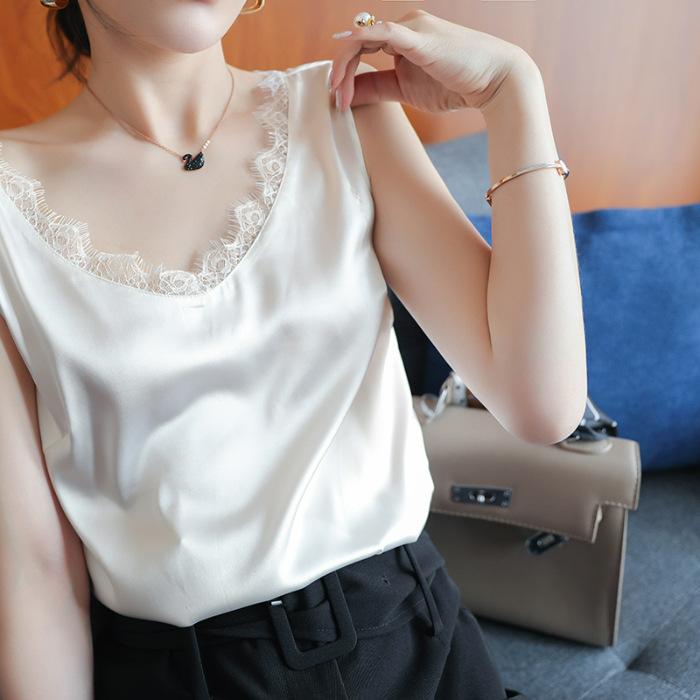 

V-neck lace sling vest women s summer new versatile and thin foreign fashion versatile sleeveless bottoming top 2XL білий