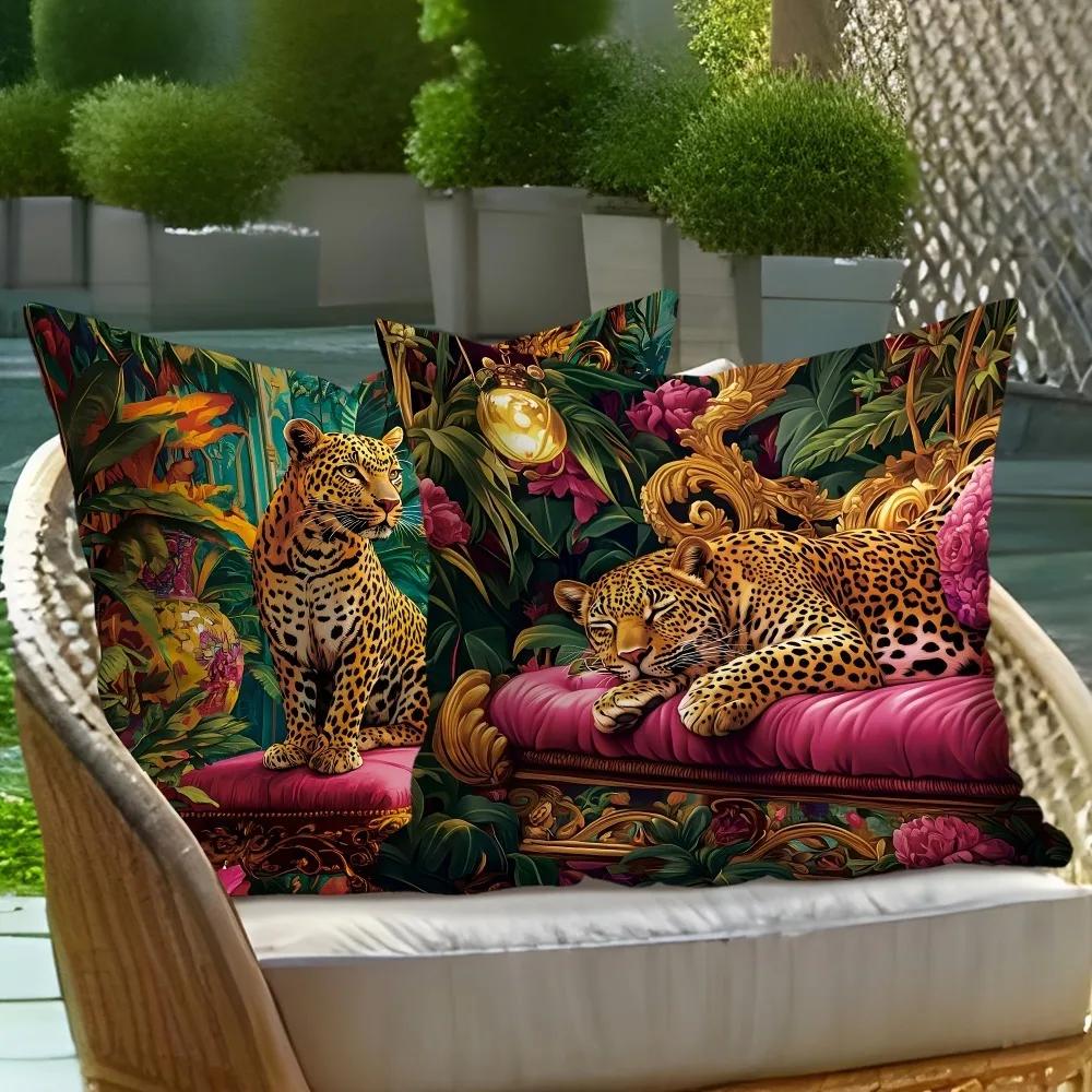 4-teiliges Hua Wild Style Leopard Dschungel Szene Kissenbezug Anzug für Sofa Auto Schlafzimmer Dekorative Kissenhülle Kissenbezug