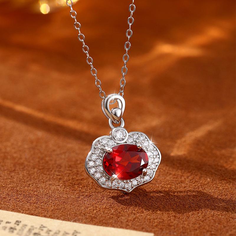 Guochao Ruyi Lock S925 Sterling Silver Necklace Women's Natural Crystal Stone Safety Lock Pendant Ping An Xiangyun Clavicle Chain Women's Gift