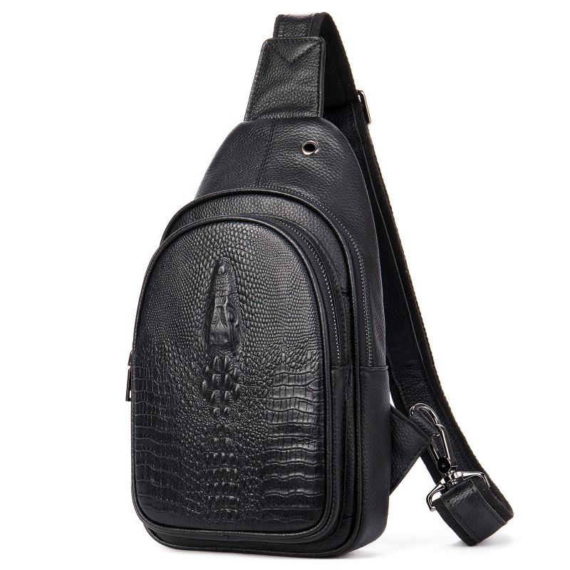 Real Cowhide Chest Bag Men s Genuine Leather Crossbody Large Capacity Crocodile Pattern Shoulder Retro Trendy