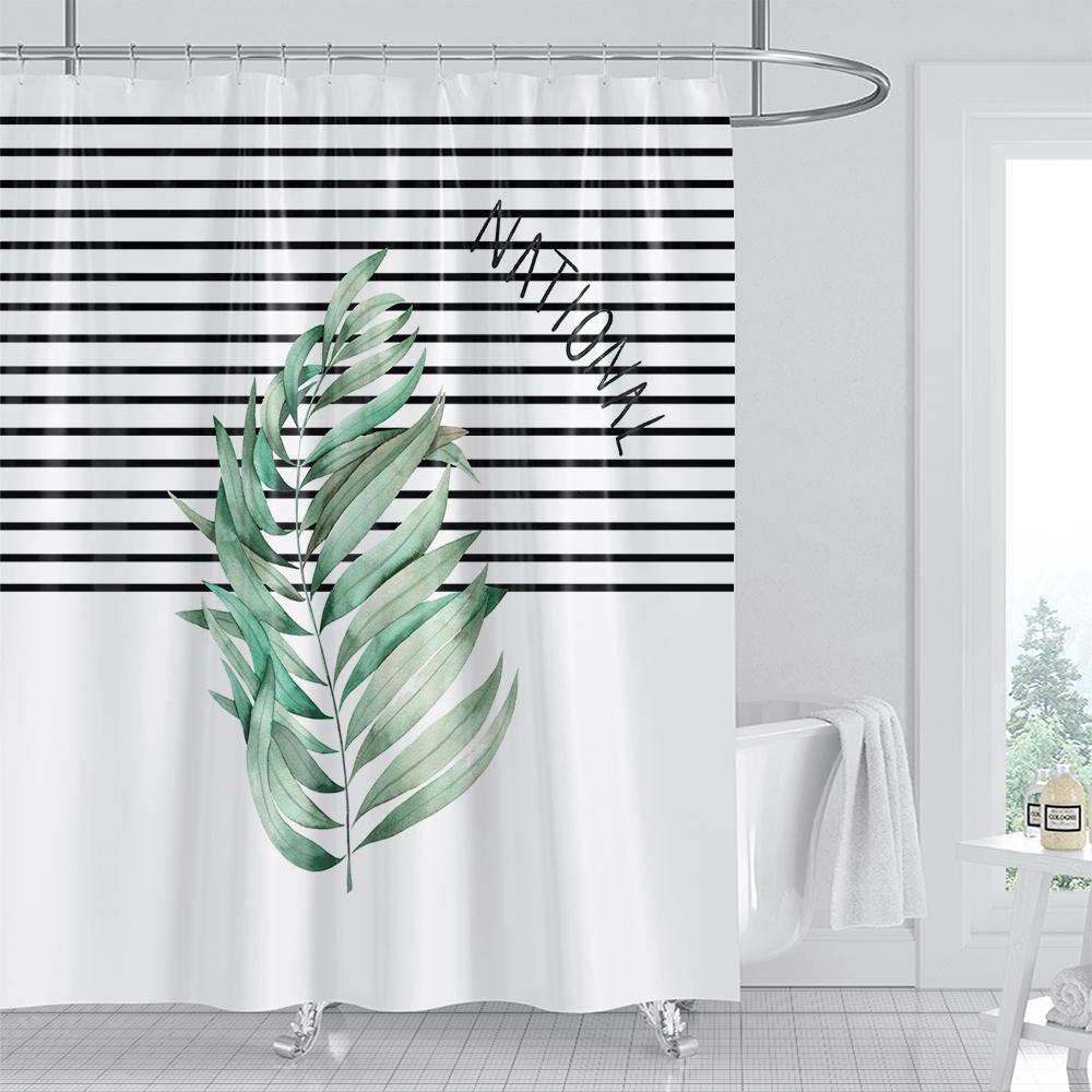 Green Plant Leaf Cactus Shower Curtain Printed Modern Nordic Minimalist Polyster Bathroom Curtain Home Decor Curtain with Hooks