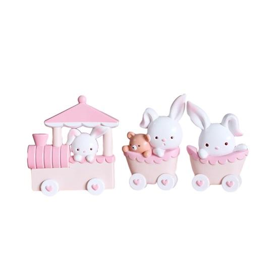 3Pcs Pink Rabbit Figurines Model Decoration Lovely Train Bunny Craft Ornament Cartoon Animal Statue Model Cupcake Topper