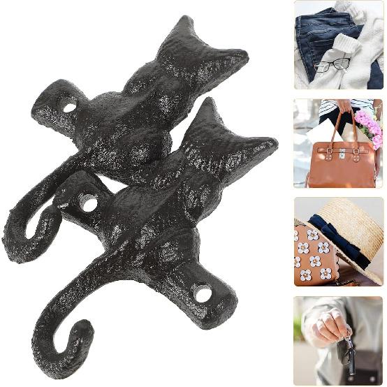 STOBAZA 2 Heavy Duty Coat Hook Cast Iron Cat Wall Hook,Decorative Hook Rustic Black Hooks,Single Key Hook Animal Wall Hanging Hook,Suitable for