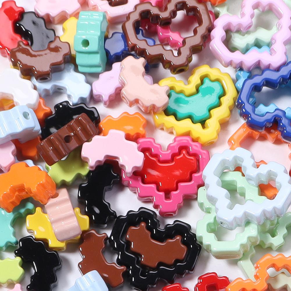 10pcs Solid Color Acrylic Baking Paint Pixel Heart Frame Beads For Jewelry Making DIY Necklace Bracelets Phone Chain Keychain
