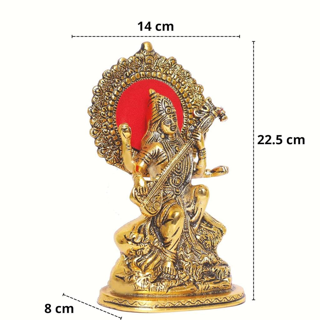 Gold Plated Maa Saraswati Metal Statue,Hindu Goddess Saraswati Ji Murti for Pooja,Meditation