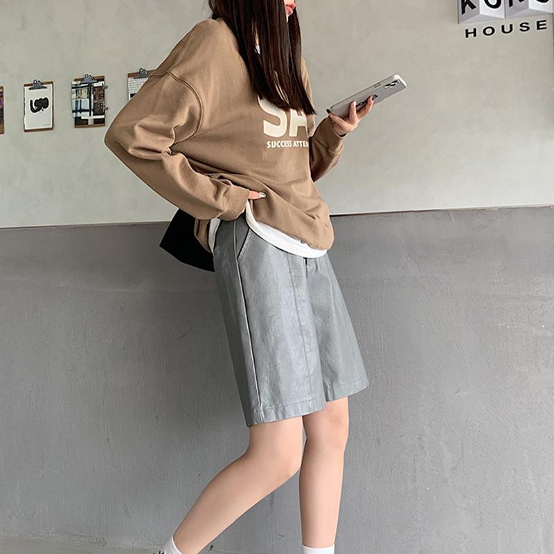 Shorts Damen, hohe Taille, weites Bein, kurze Hose, lockere, lässige, gerade Lederhose