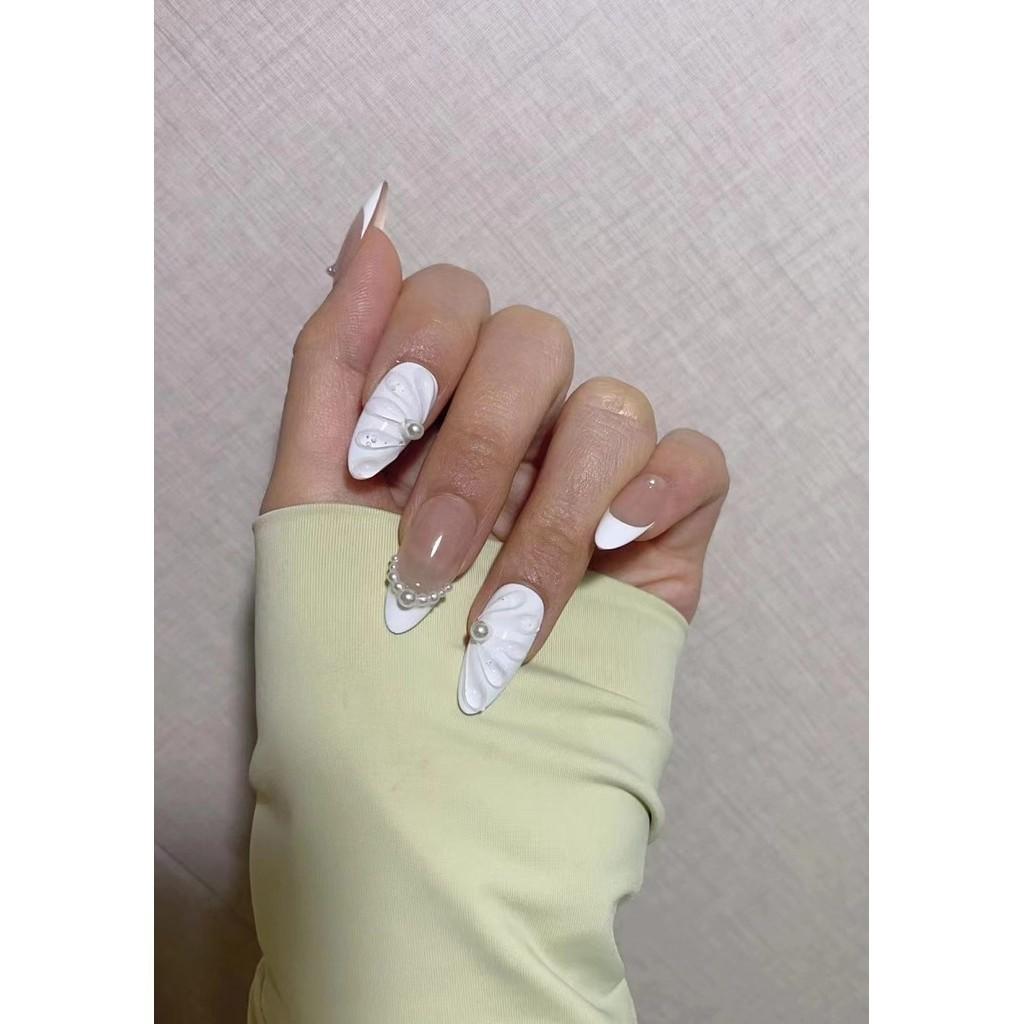 Unghie artificială Aripi transparente de migdale franceze Unghii pentru fototerapie Unghii false Set cu lipici Presă reutilizabil pe unghii