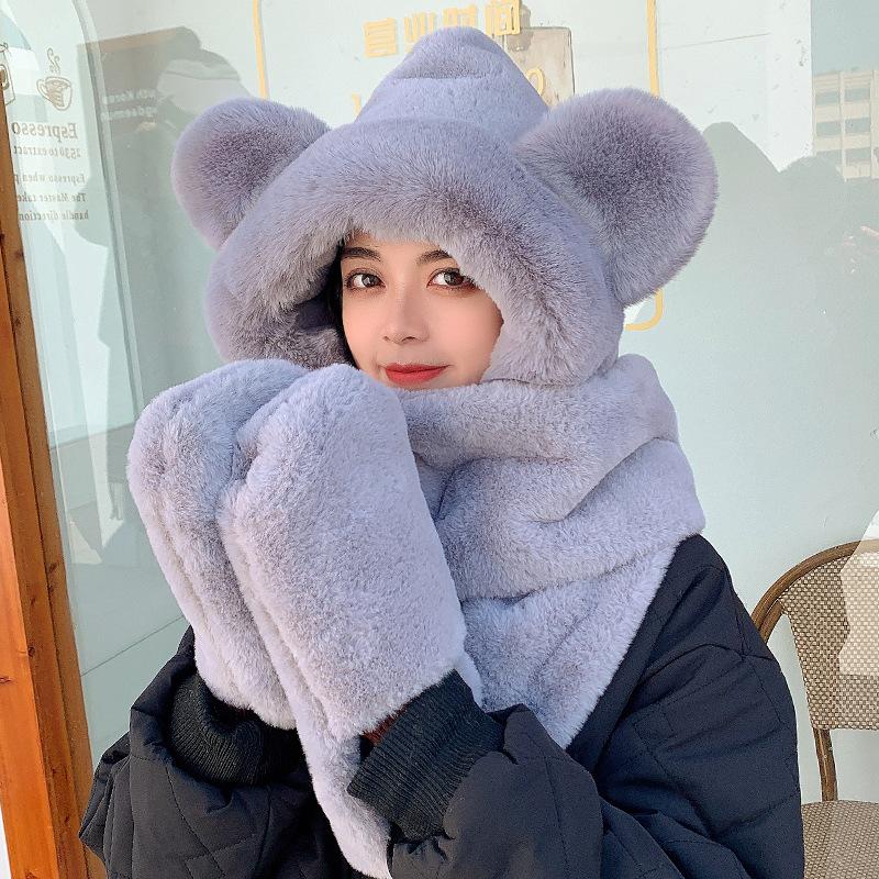 Bear Hat Women's Winter Warm Three-piece Scarf Versatile Winter Plush Ears Cute Hooded Scarf Integrated