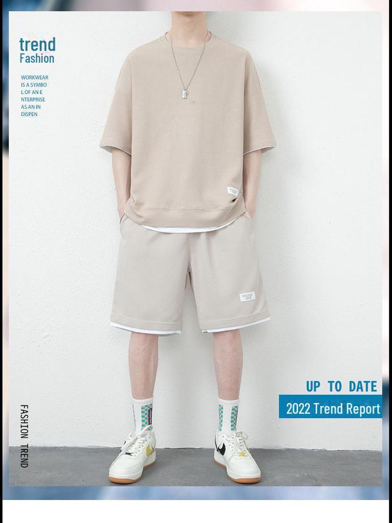 Męski letni waflowy dres casualowy z lodowego jedwabiu - koszulka z krótkim rękawem i zestaw sportowy, dostępny w dużych rozmiarach