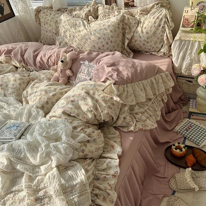 

New Korean Princess Style Floral Ruffles Bedding Set Skin-Friendly Soft Duvet Cover Set Bed Sheet Or Bed Skirt Pillowcases 0.9m sheet 3pcs