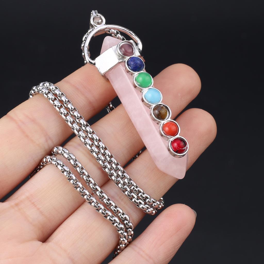 1Pc, Spiritual Healing Crystal Pendant Necklace, Geometric Double-pointed Hexagonal Pyramid Inlaid Seven Chakra Gems Charms Necklaces for Women Men