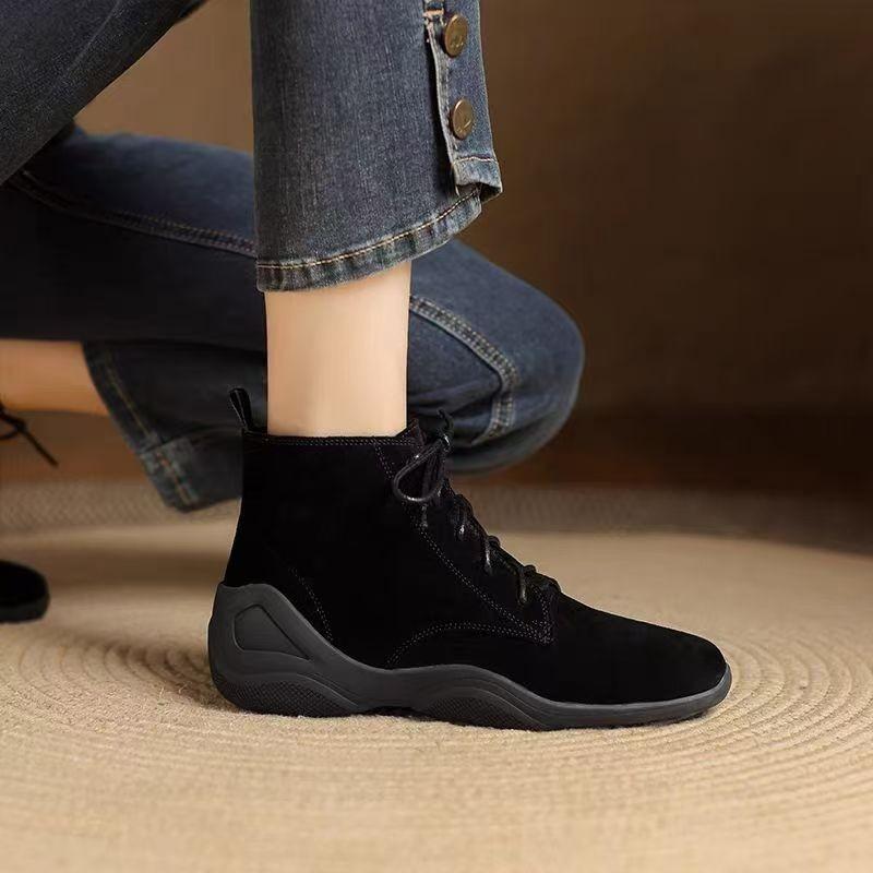 Short Boots Women's Thick Heel Autumn and Winter New Pointed High Heel Ankle Boots Black Fleece Frosted Fleece Medium Heel Bare Boots