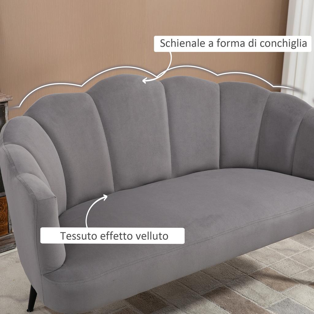2-Seater Sofa in Velvet with Metal Legs and Shell-Shaped Backrest, 132x66x80cm, Grey