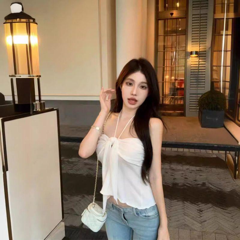 Summer Bow-Tie Strap Sexy Tube Top Hot Girl Off-Shoulder Top French Style Pure Desire Halter Neck Camisole for Women