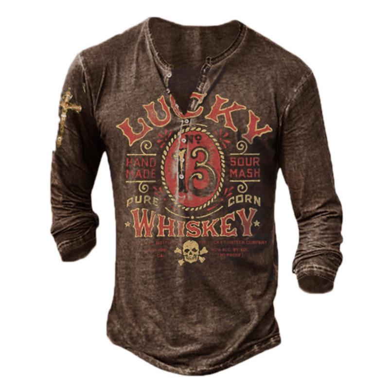 Evropské a americké slim fit plus size tičko bez límečku s potiskem, ležérní s dlouhým rukávem